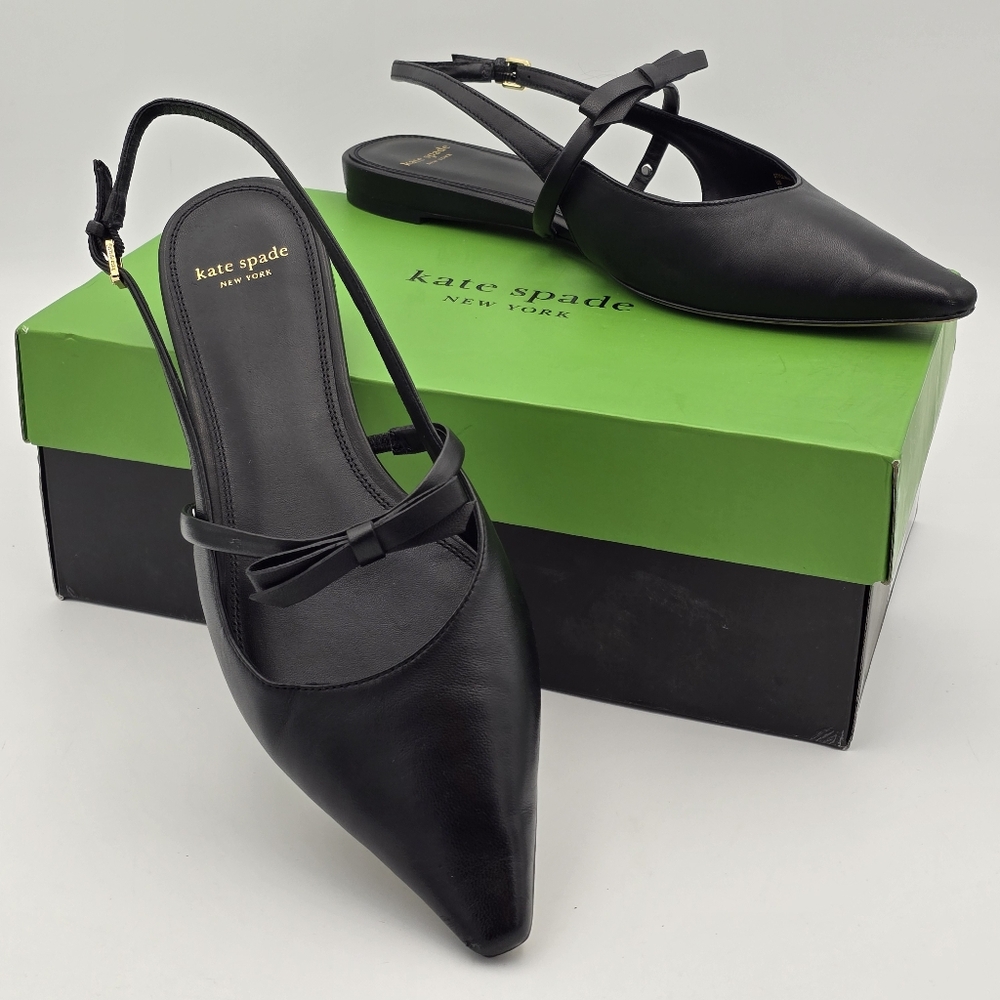 Kate Spade New York Carolina Slingback (SB) Flats, Black Smooth Leather, Size 9B